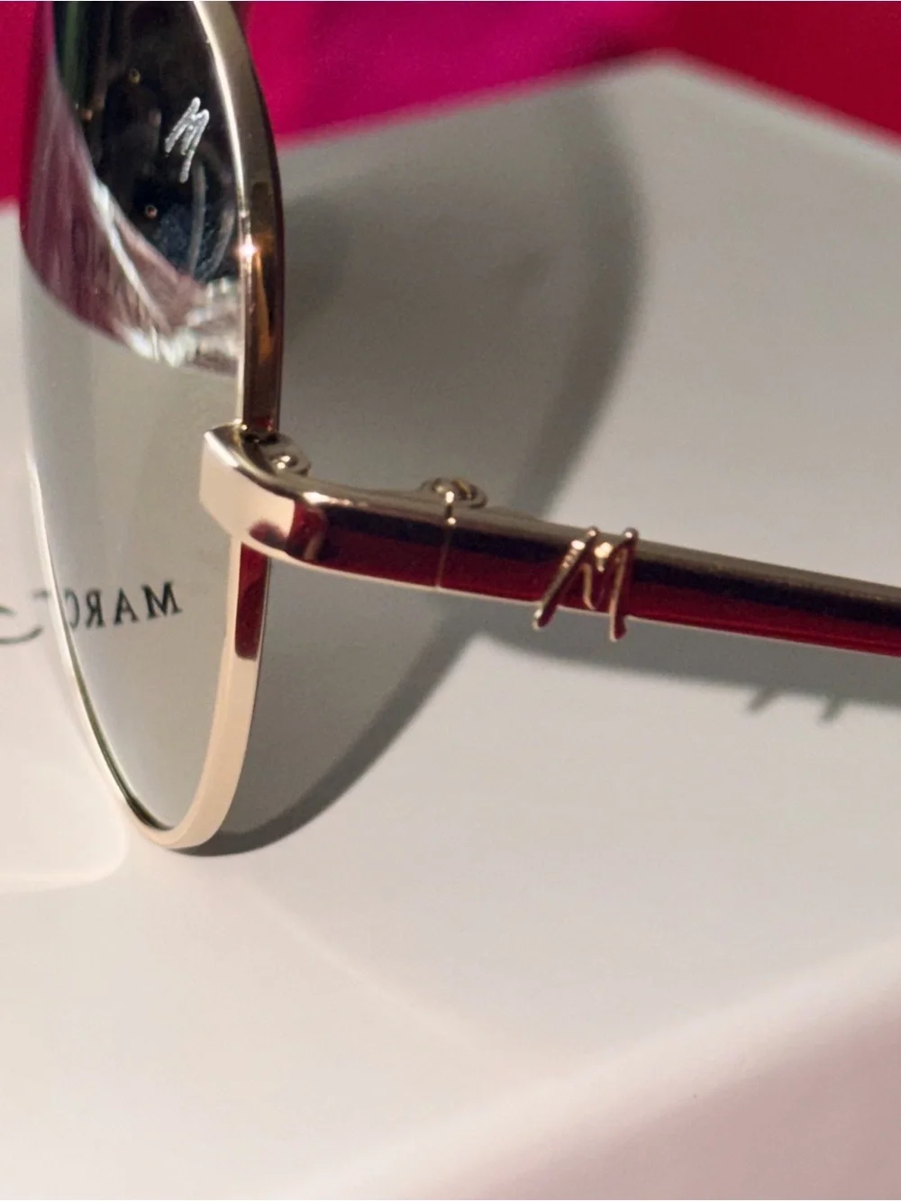 Marciano Gold Aviator Sunglasses with Burgundy Velvet Case and box